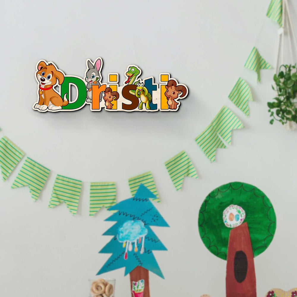 Kids Animal Theme Printed Name Plate 1 - Mounted on Wall in Children's Room
