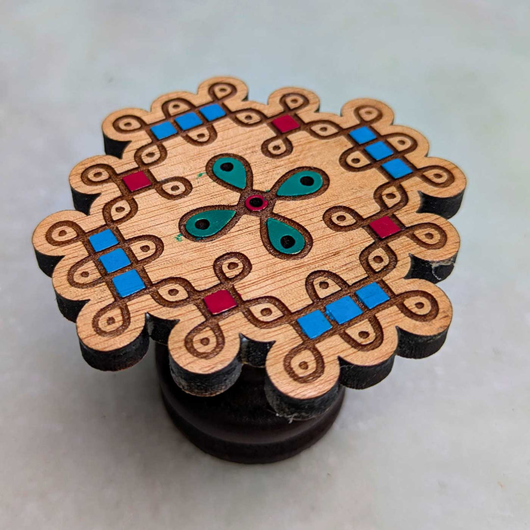 2 pc | Hand-Painted Engraved Teal & Red Mahogany Wood Kolam Kolam Agarbatti Holder For Pooja Room