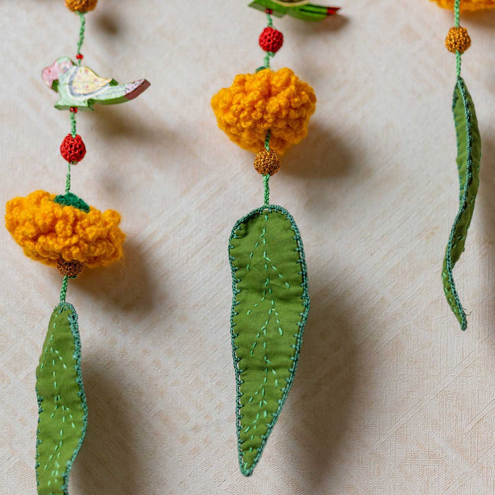49 In | Intricate Realistic Crochet Ashok Patta Marigold And Parrot Cotton Toran