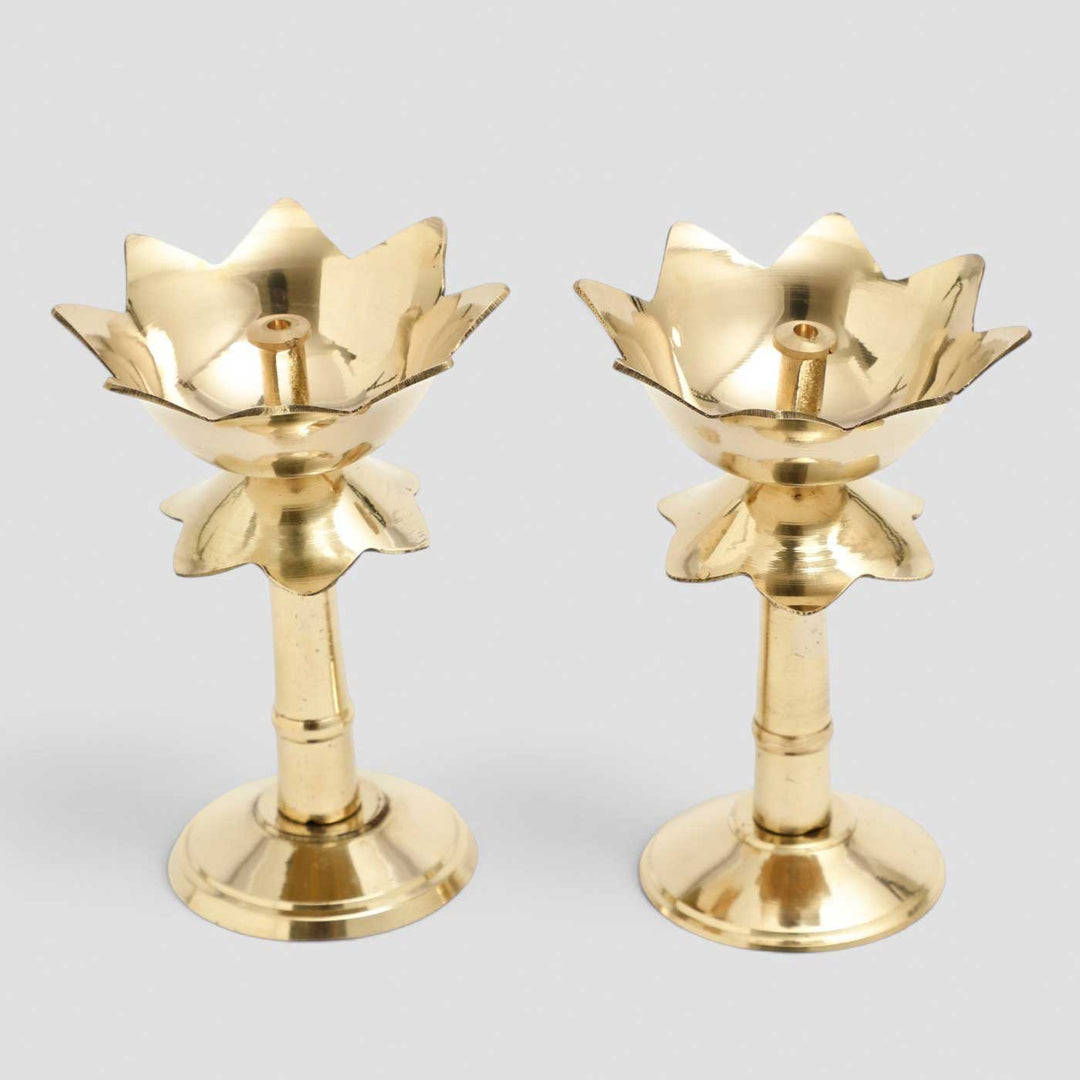 2 pc | Lotus Brass Oil Lamp With Pedestal Stand For Festive Decor