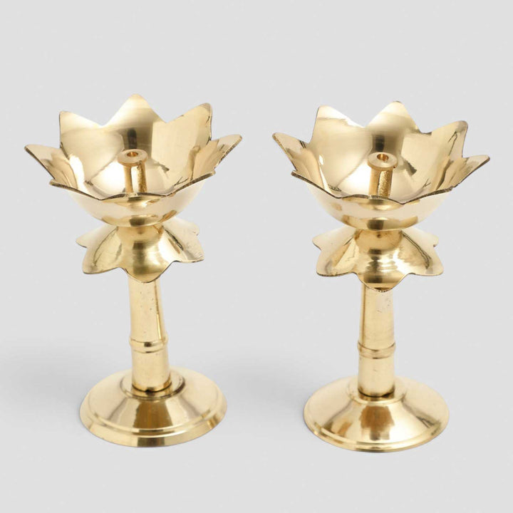 2 pc | Lotus Brass Oil Lamp With Pedestal Stand For Festive Decor
