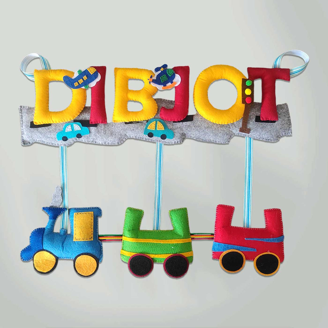 Personalized Handmade Train Theme Felt Name Plate - Front View Hanging Decorative Toy