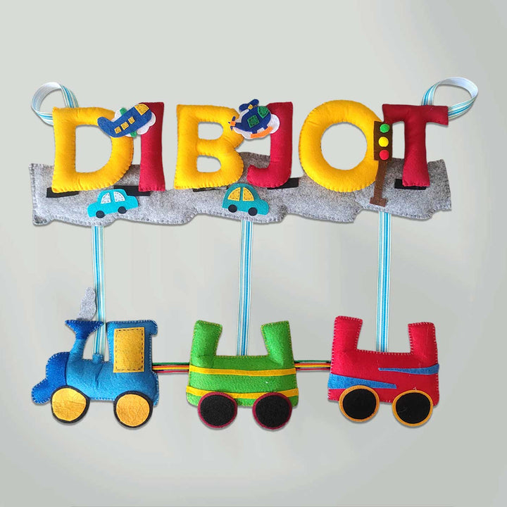 Personalized Handmade Train Theme Felt Name Plate - Front View Hanging Decorative Toy