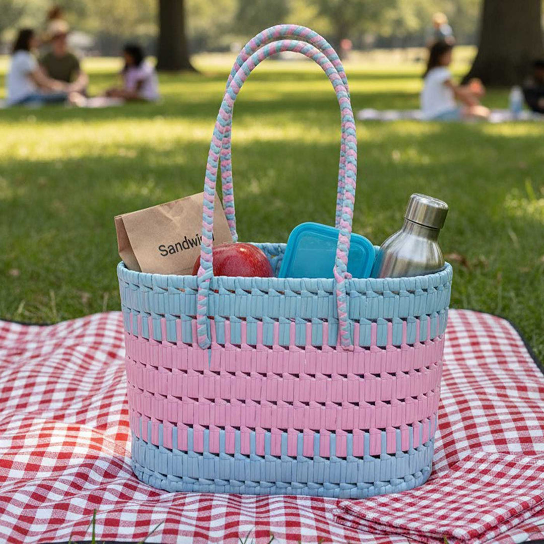 Handmade Traditional Plastic Tape Wire Pink And Light Blue Koodai Lunch Bag