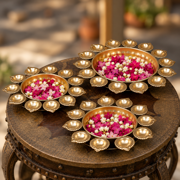 Handmade Gold Metal Diya Tealight Urli | Set of 3