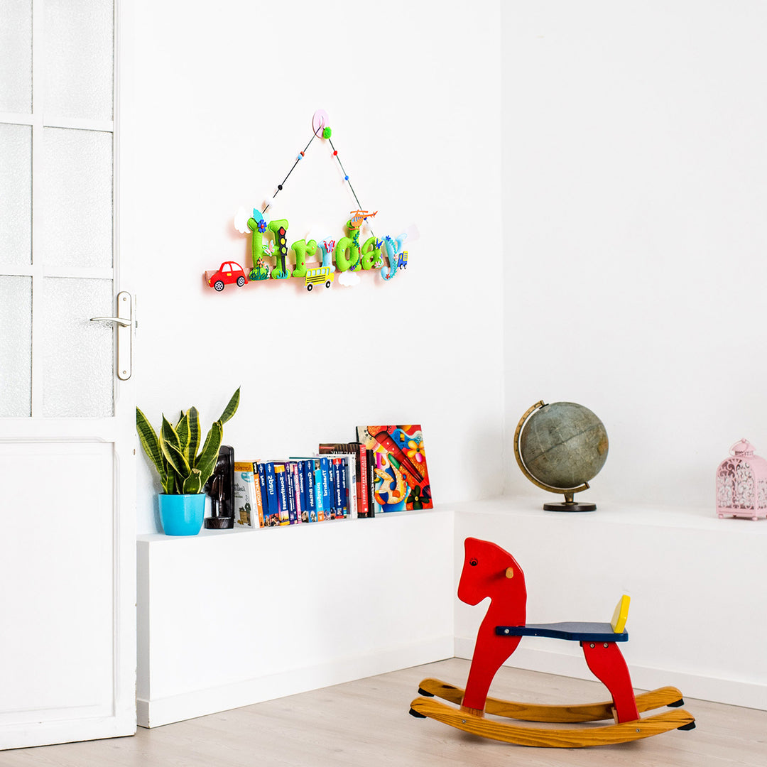 Transport Vehicles Name Plate For Kids - Mounted on Wall in Room Setting