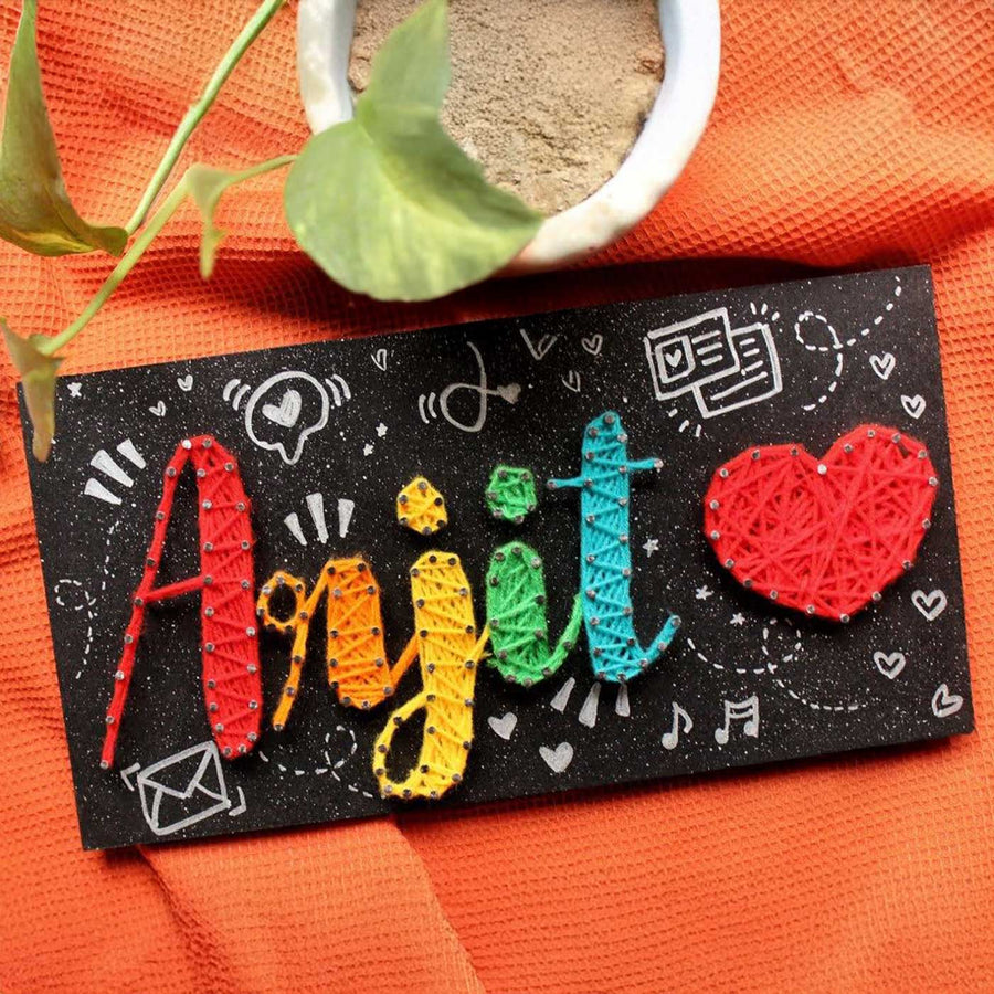 Personalized String Art Red Heart Colourful Mdf Wood Name Plate - Top Angle Showing Full Artwork