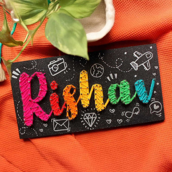 Personalized String Art Red Heart Colourful Mdf Wood Name Plate - Top View with Decorative Background