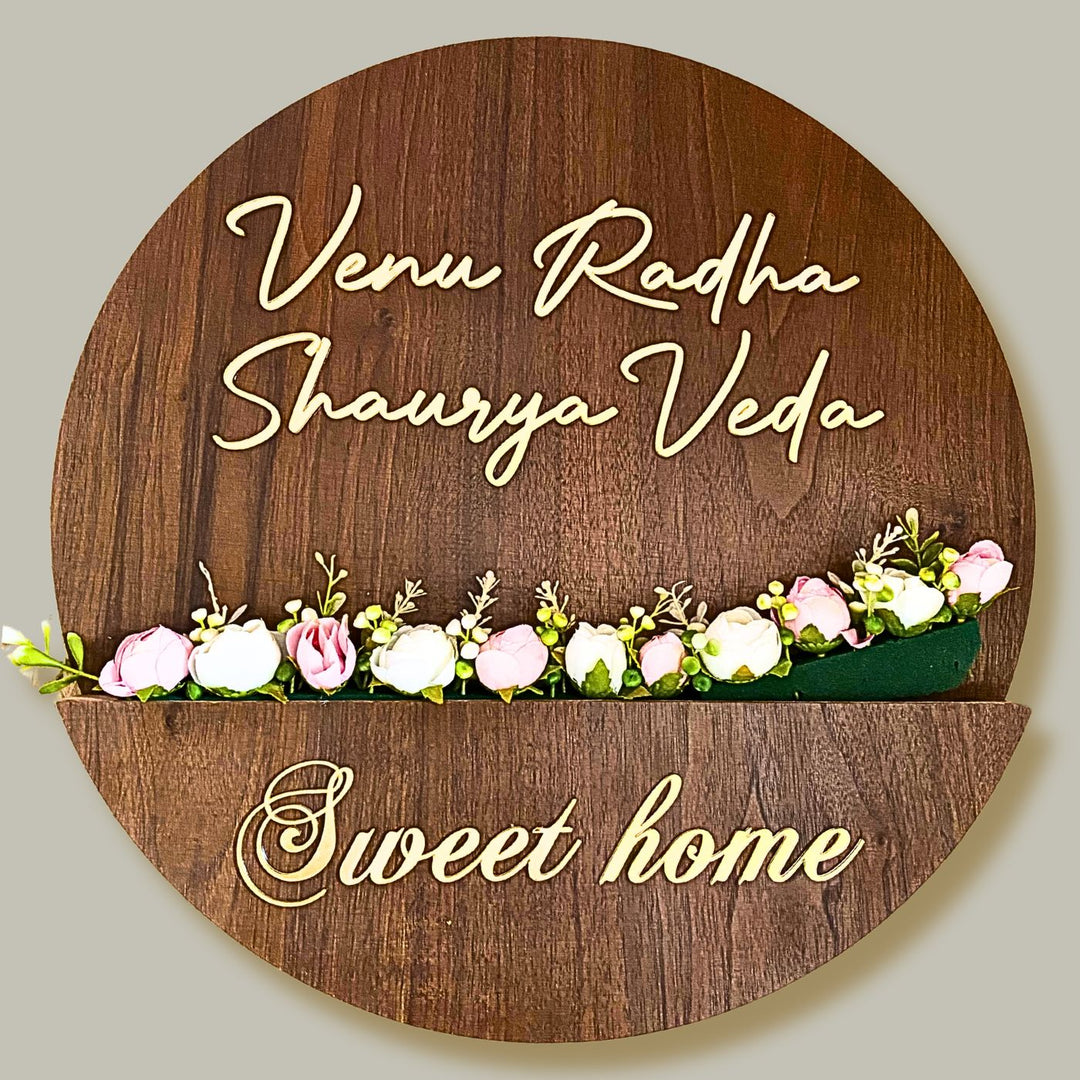 Personalised Wooden Flower Basket Nameplate Copy 1 - Front View with Floral Arrangement