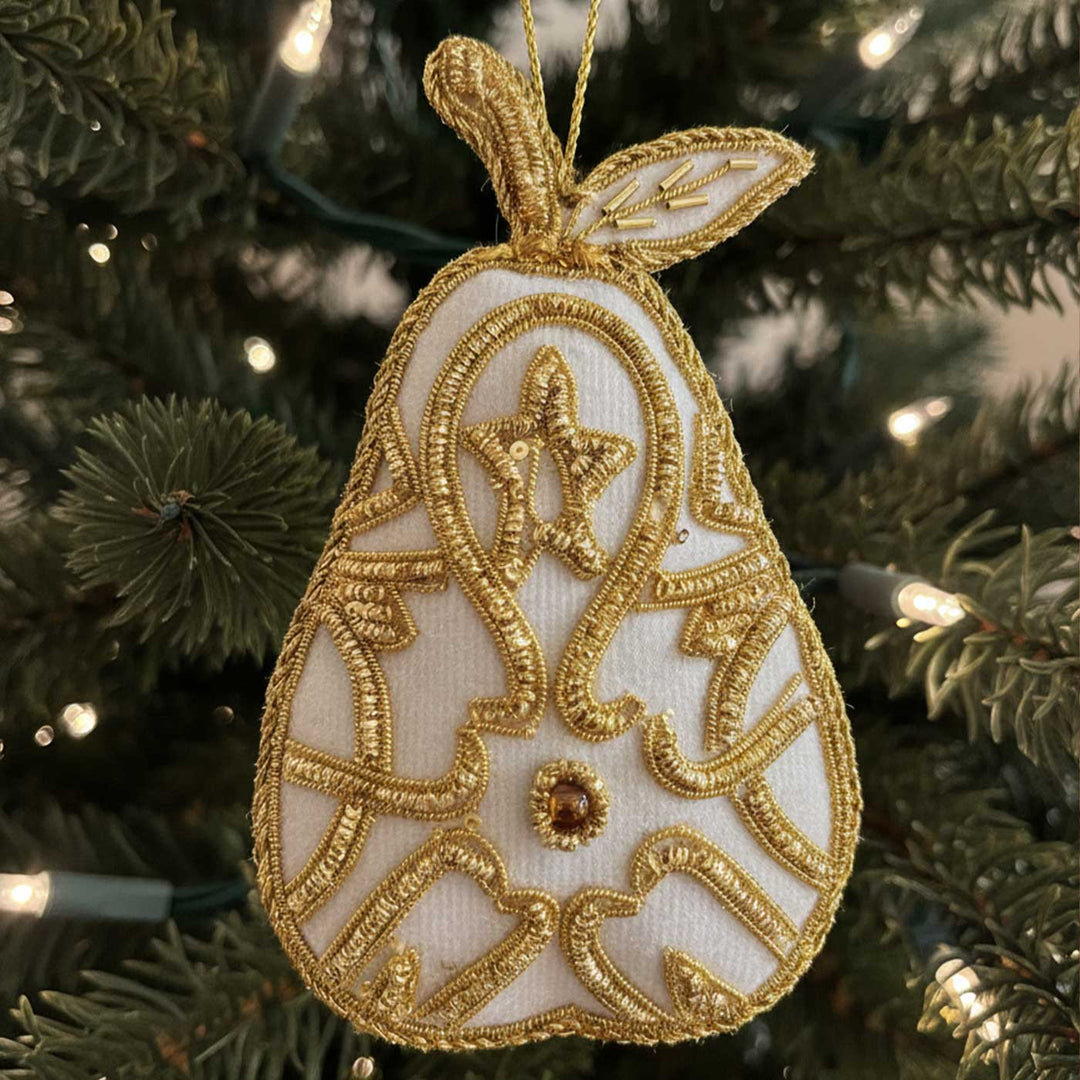 White And Gold Pear Premium Zardozi Ornament