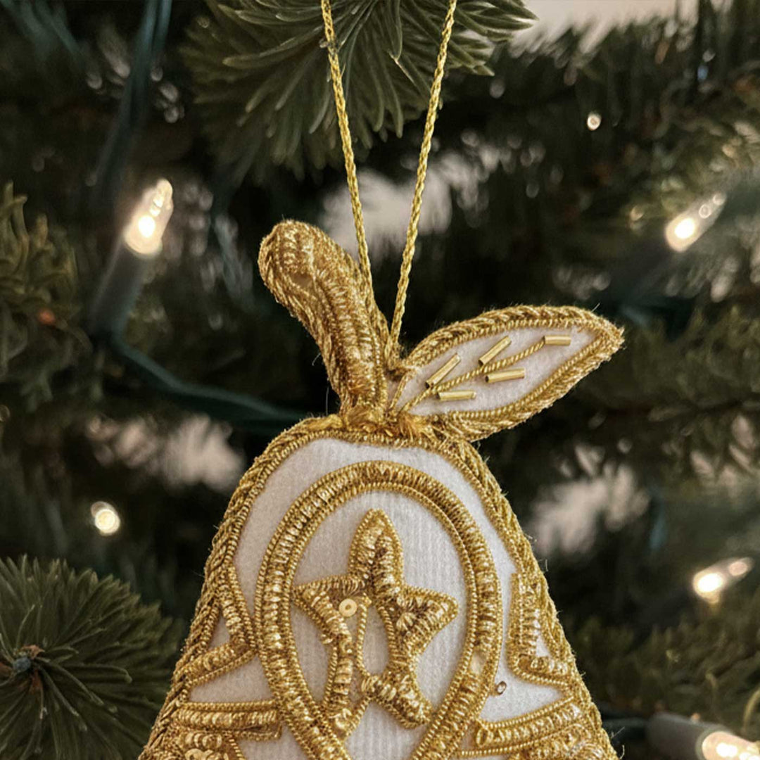 White And Gold Pear Premium Zardozi Ornament