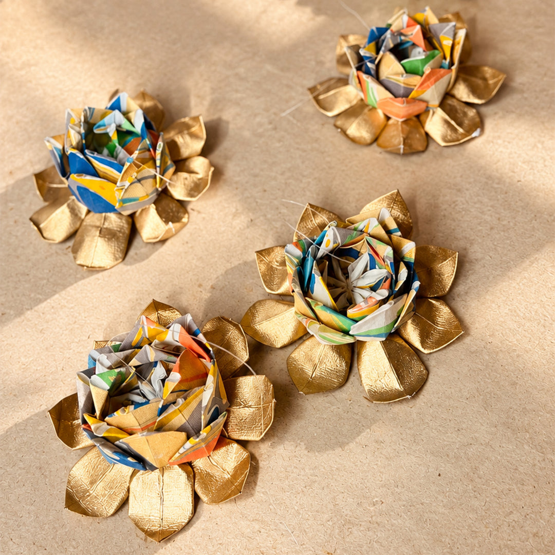 2 Pc | Hand-Marbled Origami Lotus Hanging In Tree-Free Paper - Multicolour & Gold