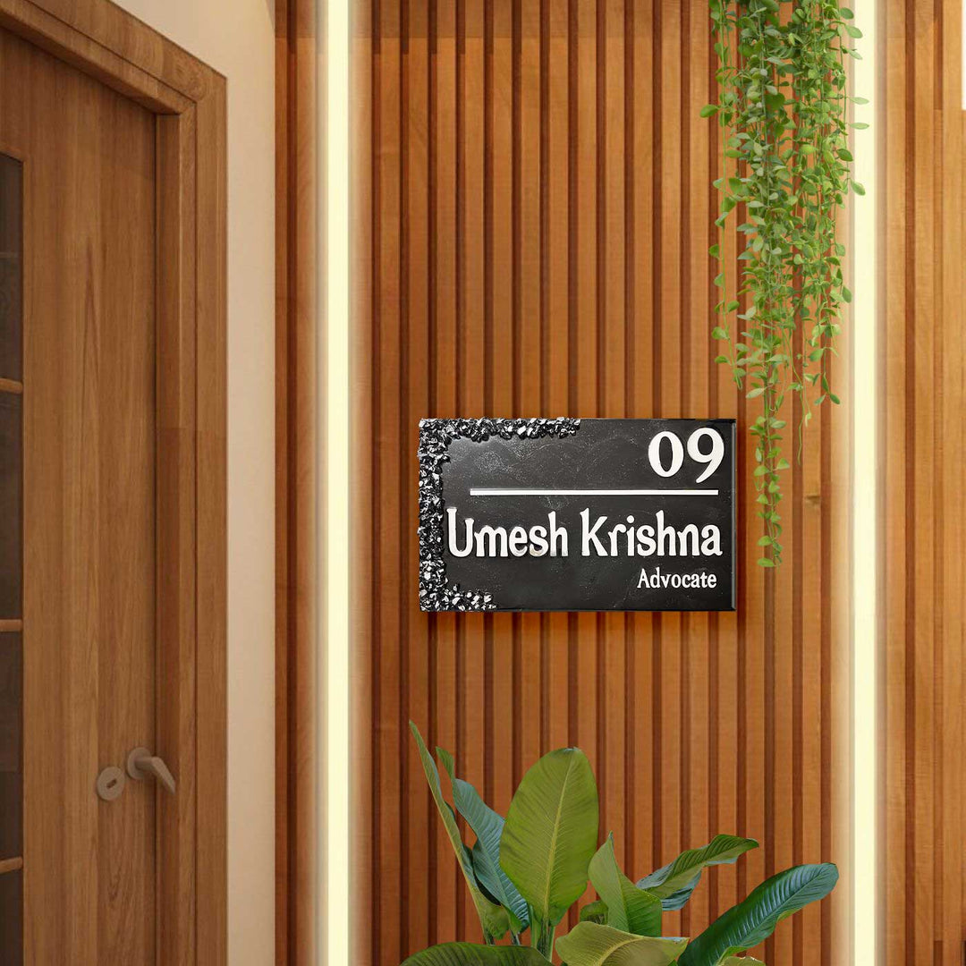 Personalized Black And Silver Resin Name Plate - Mounted on Interior Wood Paneling