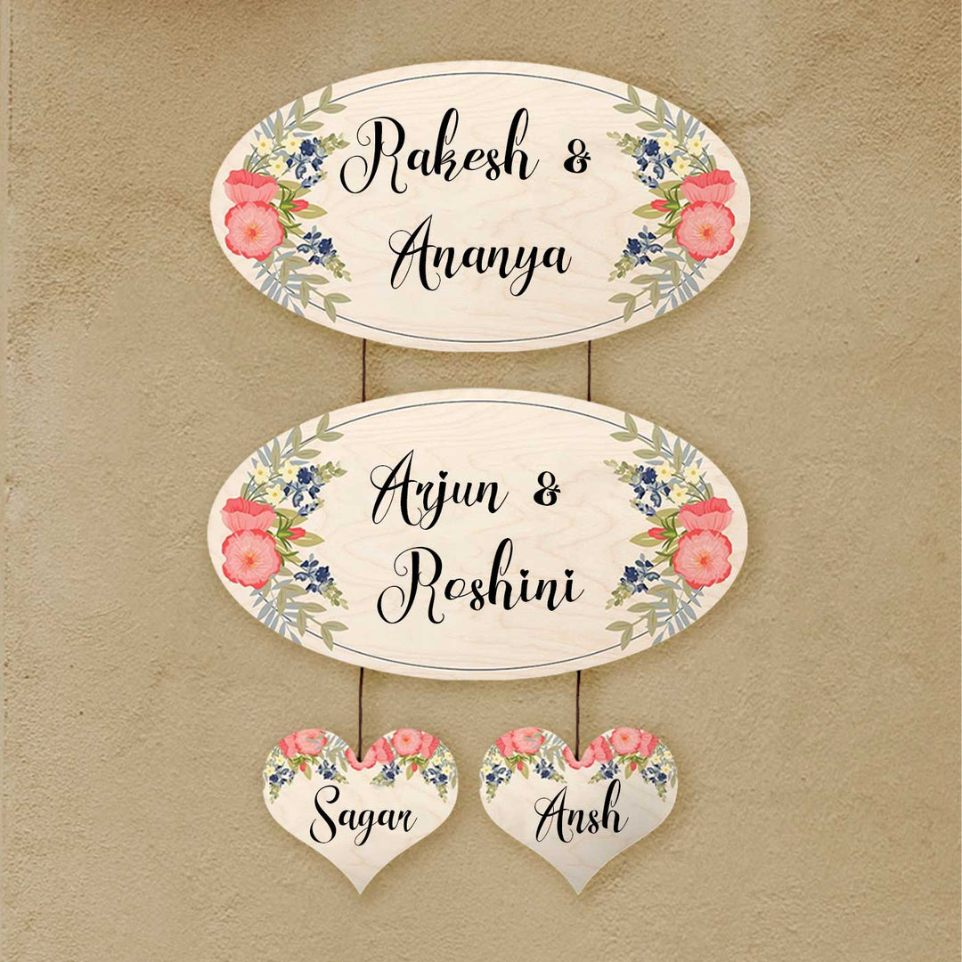 Printed White Floral Wooden Oval Nameplate For Couples - Hanging Door Sign with Name Personalization