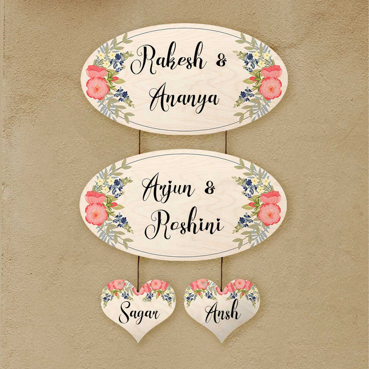 Printed White Floral Wooden Oval Nameplate For Couples - Hanging Door Sign with Name Personalization