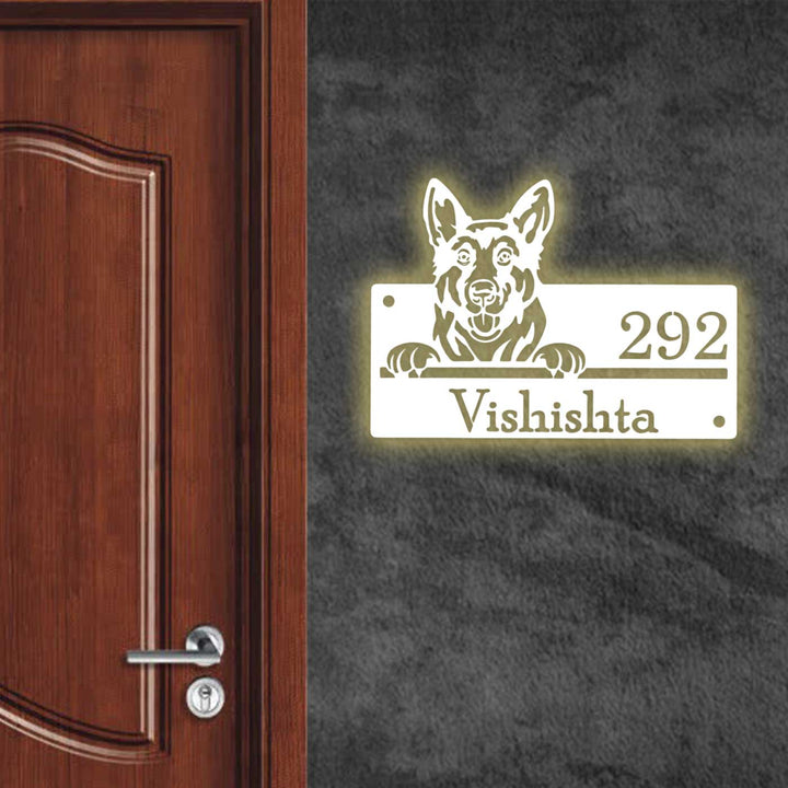 Personalized Weatherproof Artistic Dog Theme Metal Name Plate - Mounted on Exterior Wall Next to Door