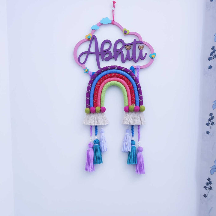 Personalized Handmade Macrame Cloud Rainbow And Tassels Kids Name Plate With 3D Letters - Hanging Display with Name Personalization