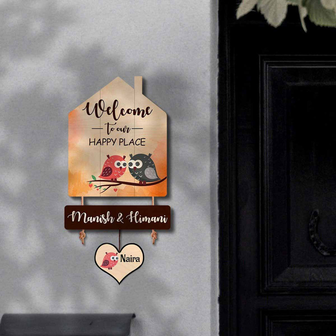 Printed Wooden House Shaped Owl Nameplate For Couples - Mounted on Wall Near Door