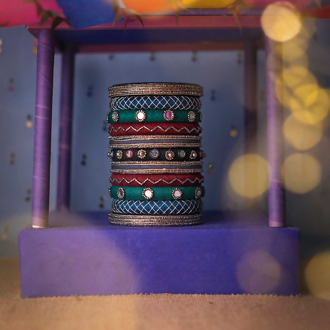 Multicolour Handcrafted Krisha Silver Beads & Mirror Work Bangles | Set of 11