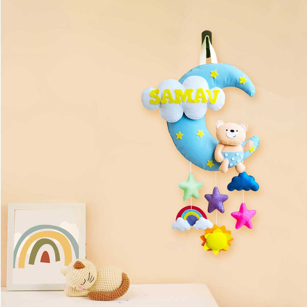 Personalized Teddy On Moon Theme Felt Kids Name Plate - Hanging in Room Setting