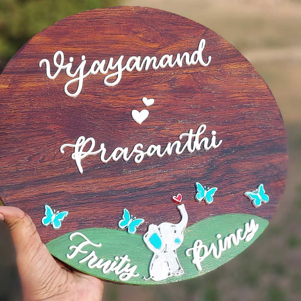 Personalized Elephant Theme Pine Wood Name Plate - Name Personalization Example Front View