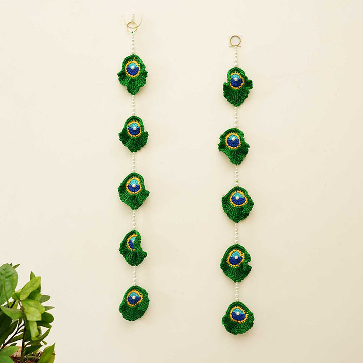 42 In | Handmade Peacock Feather Inspired Crochet Toran & Hanging Set | Set Of 3