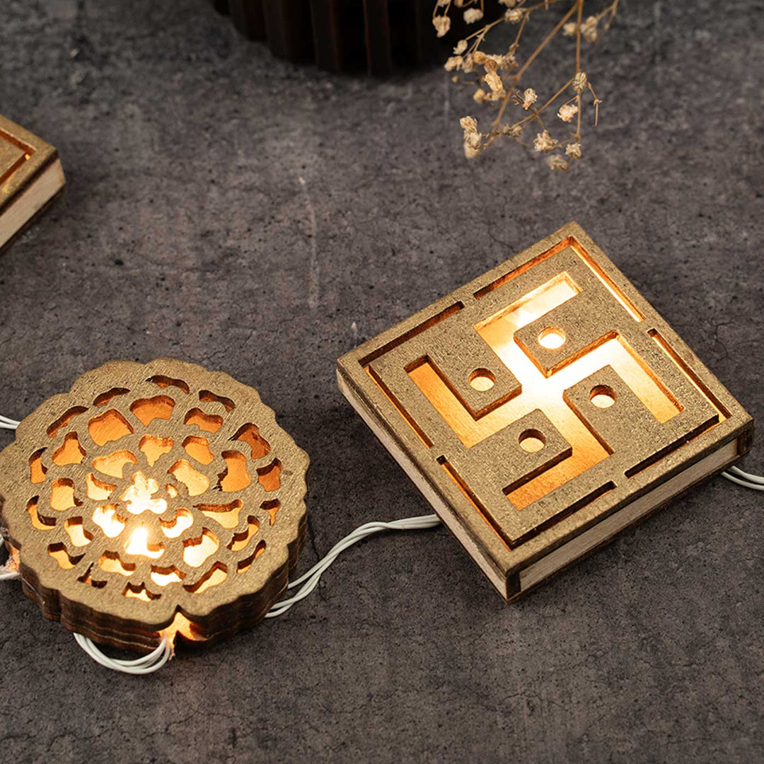 3 m, 11 Bulbs | Handmade Decorative Om & Swastik Shape 3D Wooden LED Fairy Light