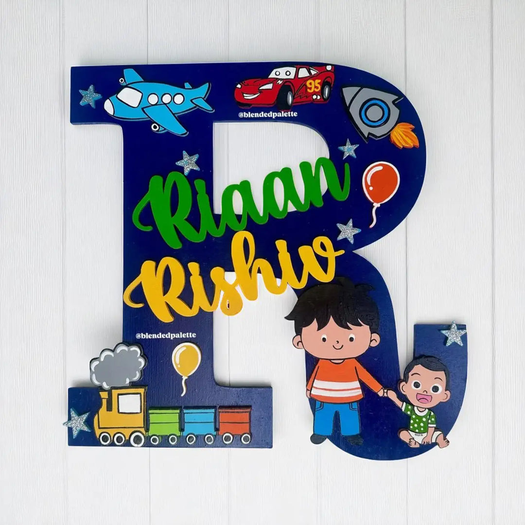 Personalized Initial Monogram MDF Wood Kids Name Plate For Siblings