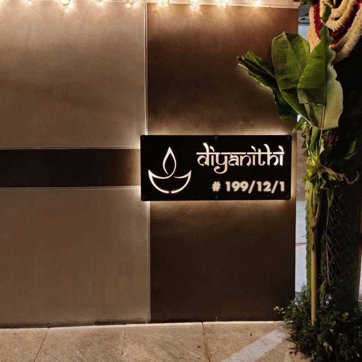 Personalized Waterproof Diya Design Laser Cut Metal Led Name Plate - Mounted on Outdoor Wall at Night
