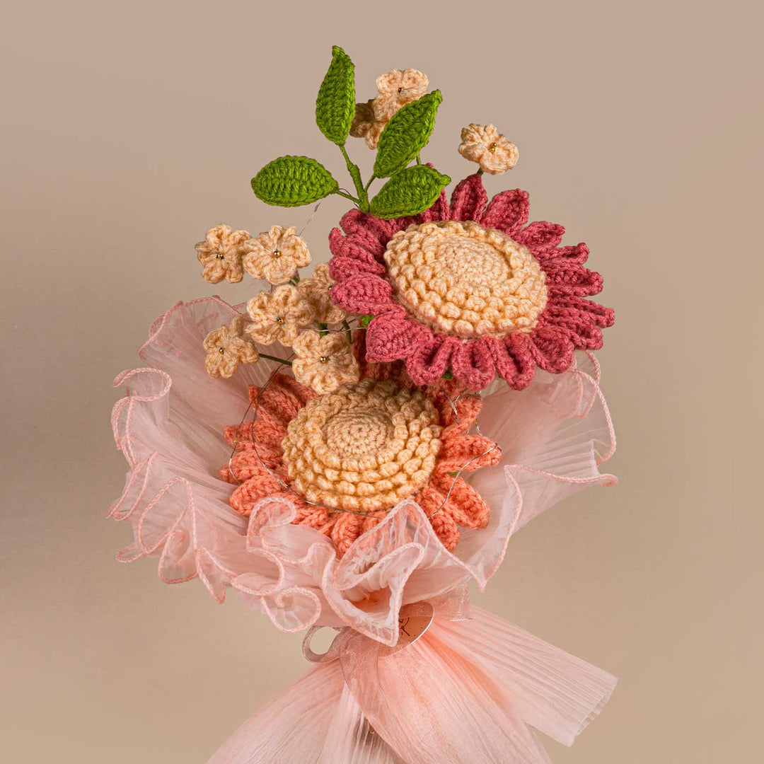 Handmade Crochet Bare Bloom Flower Bouquet With Lights | Includes Photo & Greeting Card
