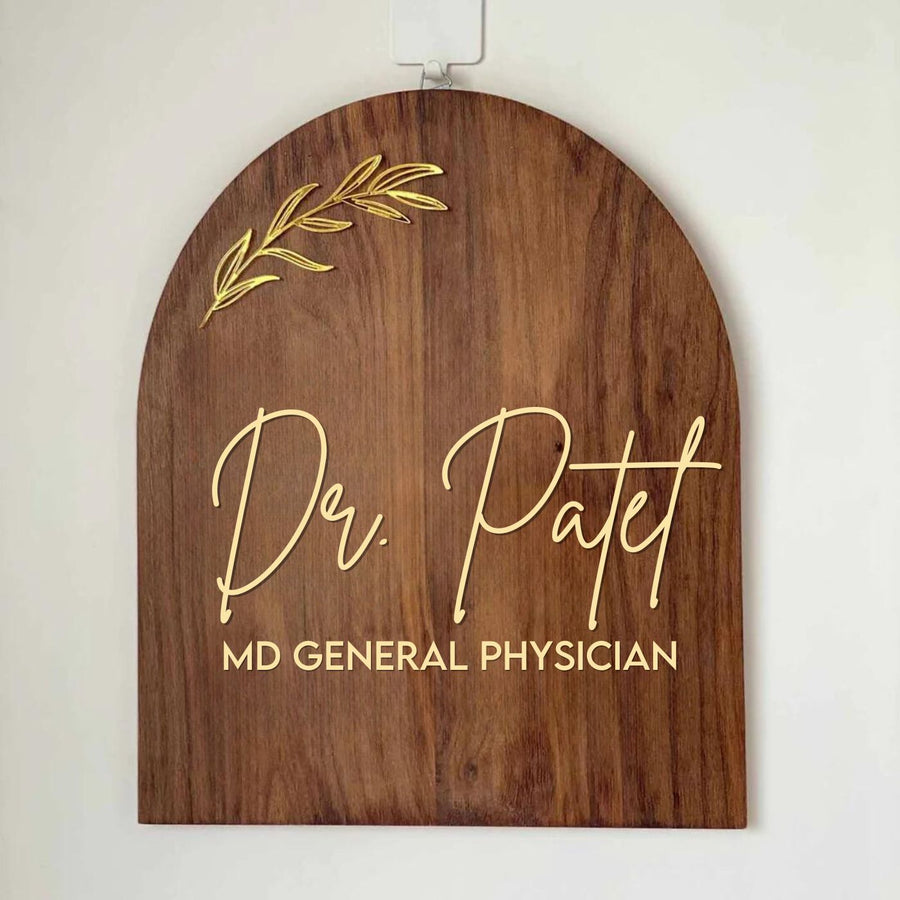 Minimal Arched Wooden Name Plate With 3D Acrylic Letters For Doctor - Front View Hanging on Wall