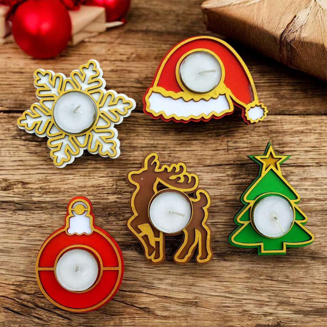 Festive Glow Xmas Themed Tealight Holders For Decoration | Set Of 5