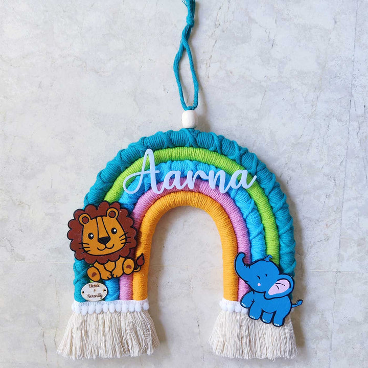 Personalized Handmade Macrame Jungle Rainbow Kids Name Plate With 3D Letters - Front View Hanging Display