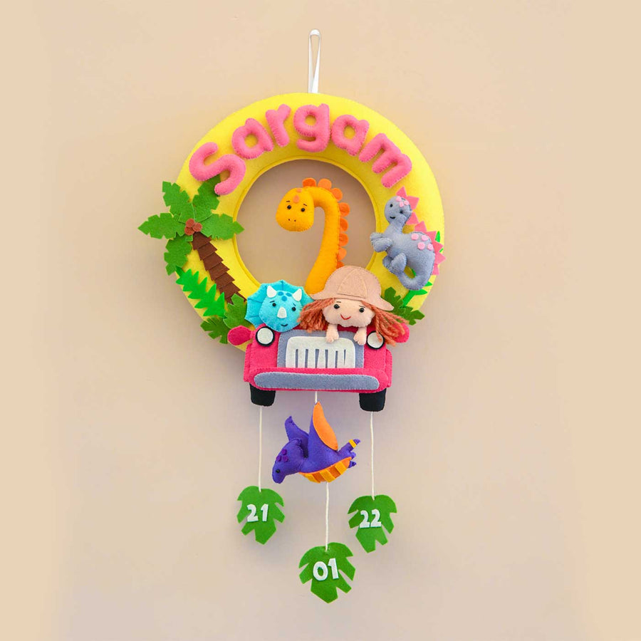 Personalized Dino World Safari Theme Round Felt Kids Nameplate - Hanging Wall Decoration with Name