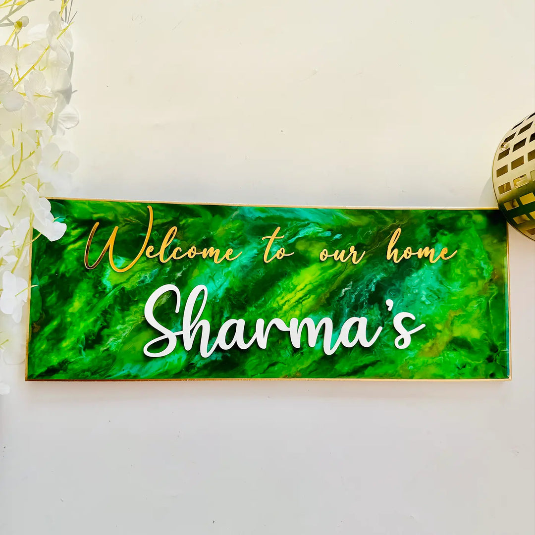 Green & Gold Personalized Marble Effect Rectangle Resin Name Plate | With 3D Acrylic Letters & Gold Stone Embellishment