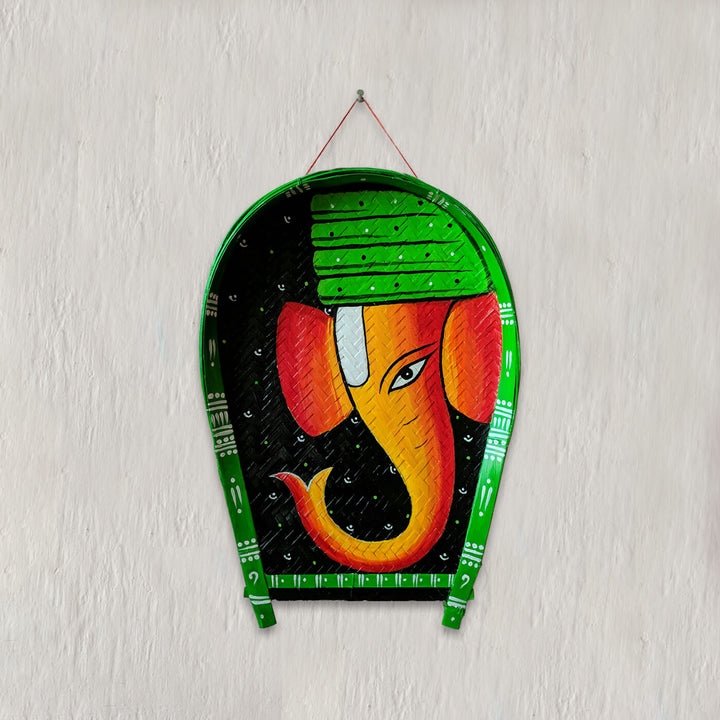 Handpainted Green Ganesha Bamboo Wall Decor