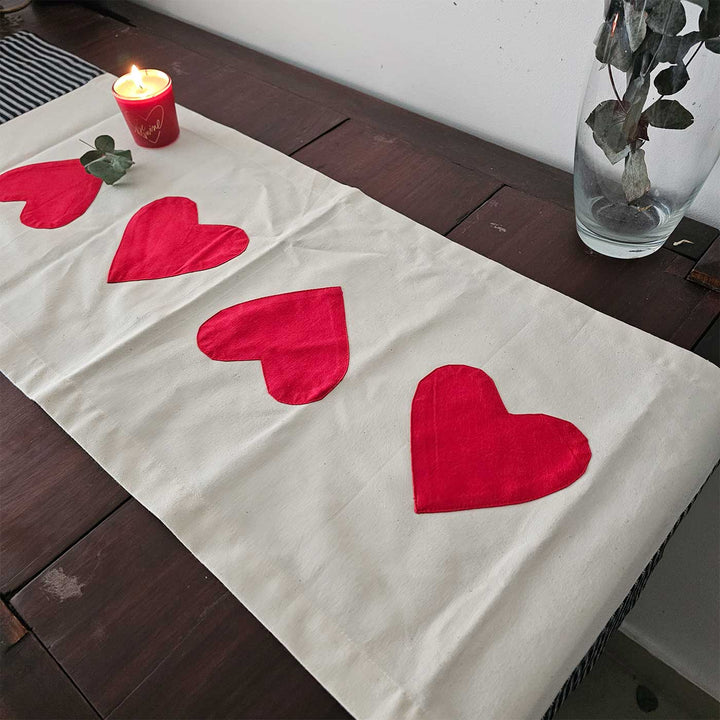 Red In Love Heart Motif Cotton Table Runner