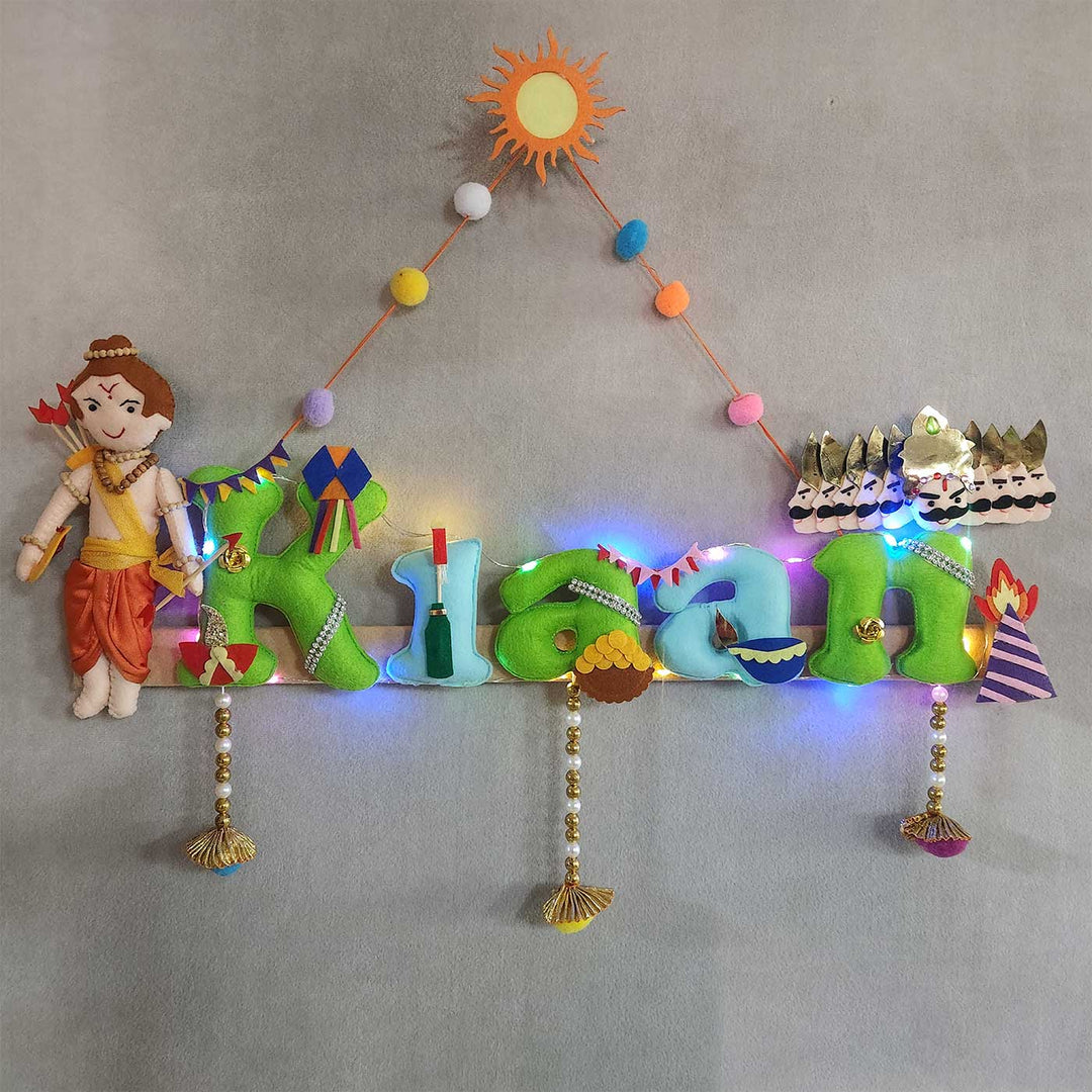 Personalized Shri Ram Ji And Ravan Theme Felt Kids Name Plate - Name Personalization Example Hanging on Wall