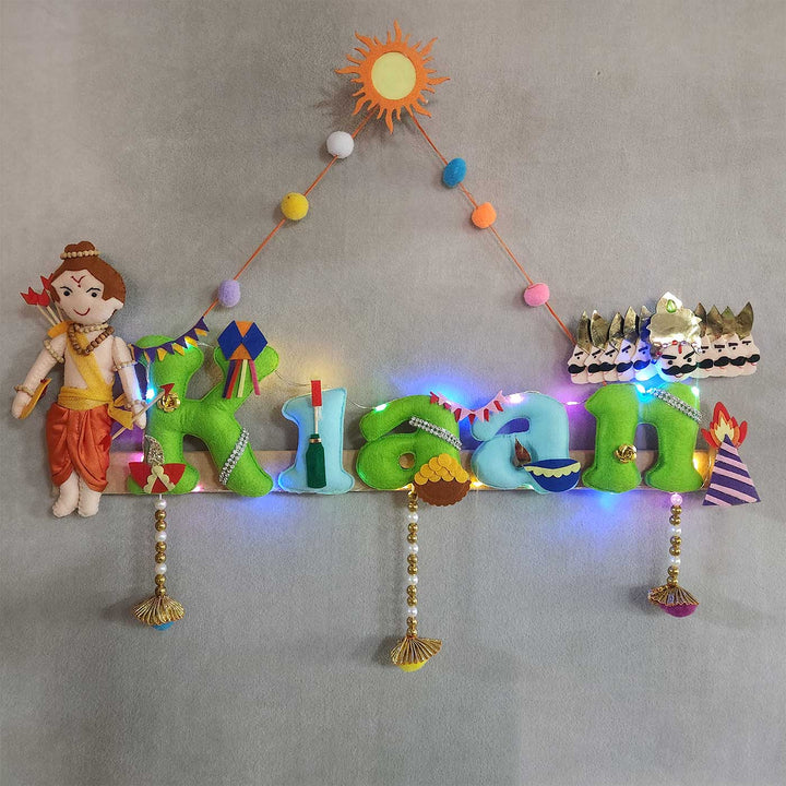 Personalized Shri Ram Ji And Ravan Theme Felt Kids Name Plate - Name Personalization Example Hanging on Wall