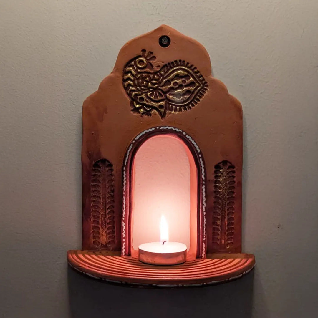 Hand-Painted Peacock Motif Natural Terracotta Tealight Holder