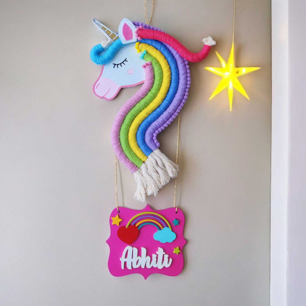 Personalized Handmade Macrame Unicorn Kids Name Plate With 3D Letters - Hanging Wall Decoration with Nameplate