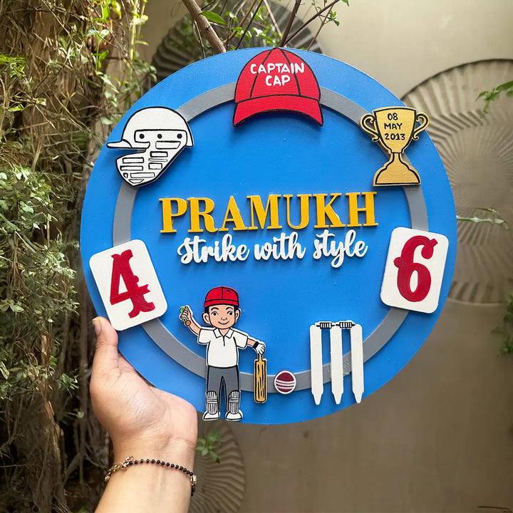 Personalized Cricket Theme MDF Wood Kids Name Plate