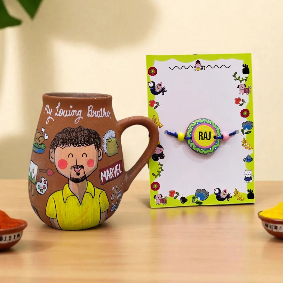 Photo Personalized Hobby Theme Terracotta Rakhi Hamper | Includes 1 Mug, 1 Rakhi