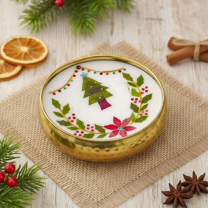 4 Inch | Handmade Pressed Flower Xmas Tree & Holly Theme Brass Christmas Candle | Packed in a Gift Box