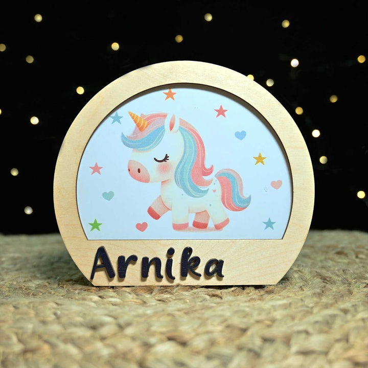 Personalized Unicorn Theme Wooden Table Lamp For Kids With 3D Letters