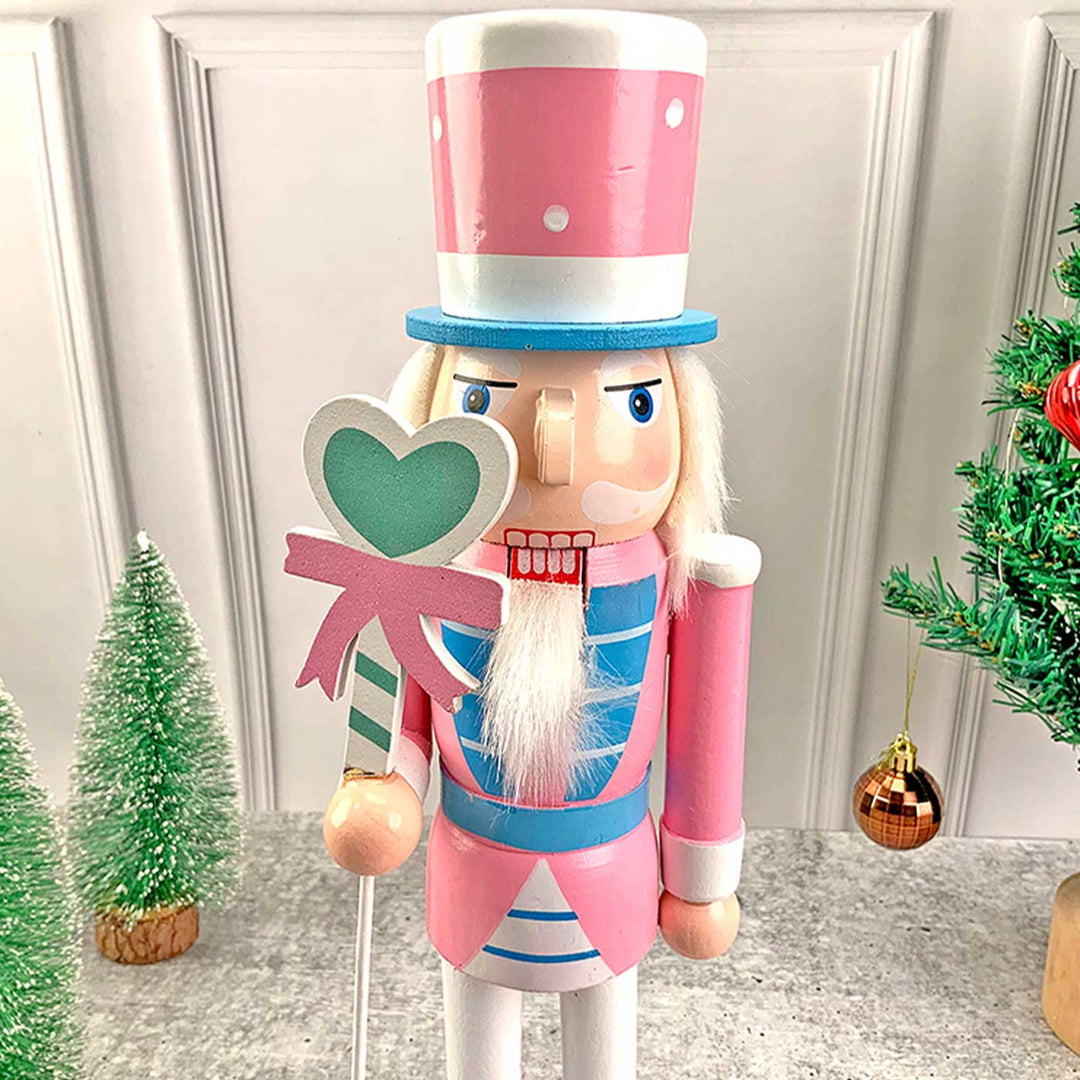 Pastel Pink Heart Nutcracker Self-Standing Wooden Decor For Christmas Table Decoration