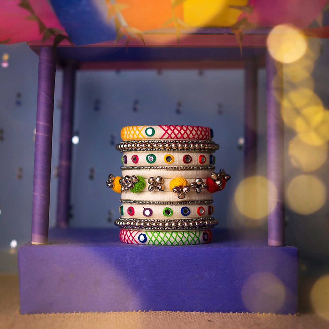 White Handcrafted Harika Ghungroo Embroidery Bangles | Set of 7