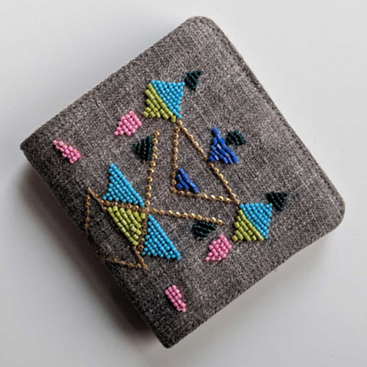 Handmade Embroidered Geometric Grey Canvas Wallet