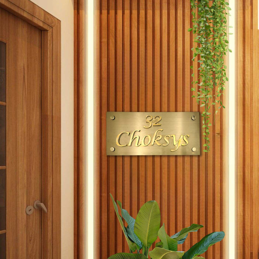 Personalized Weatherproof Rectangle Engraved Gold Stainless Steel Name Plate - Mounted on Vertical Wood Paneling
