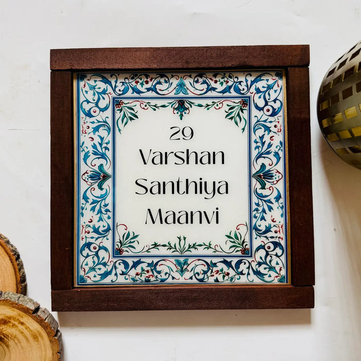 Blue & White Vintage Personalized Printed Framed Square Resin Name Plate